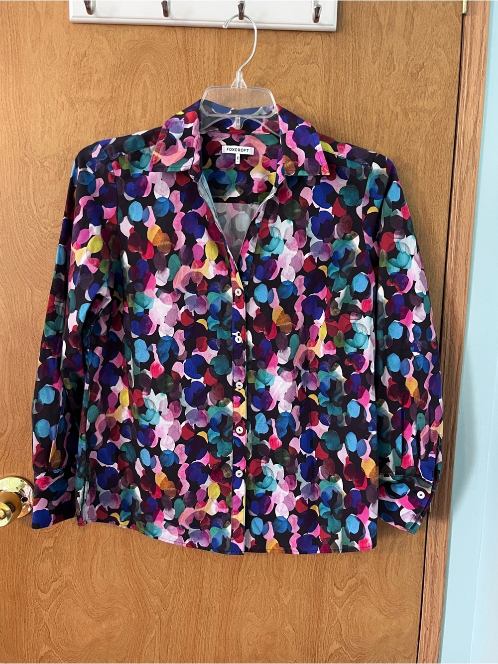 Foxcroft Women’s Blue, Pink, Green Dot-Print Button-Front Shirt Size 12 EUC